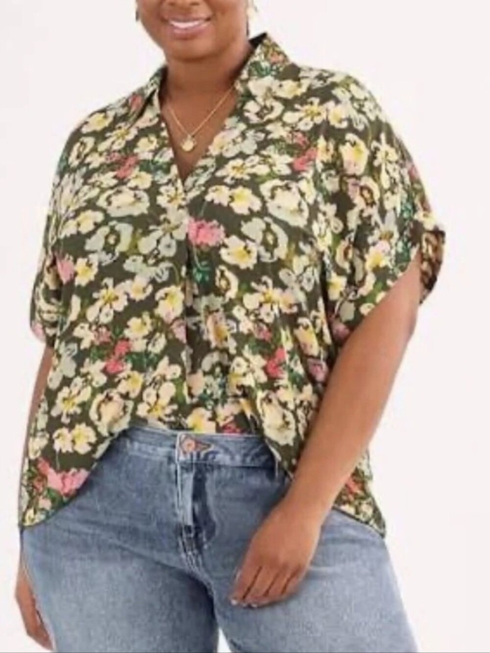 Cabi Green Floral Replay Top w/ Classic Collar and Short Sleeves #6717 - Size XL